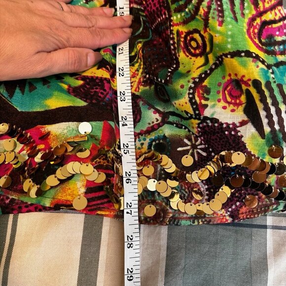 WD NY Skirt Sz 12 Colorful Astract Gold Pailettes Cotton Linen A Line Artsy Boho - Picture 9 of 9